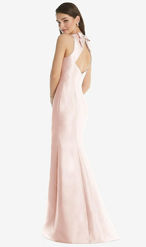 Back View - Blush Jewel Neck Bowed Open-Back Trumpet Dress 