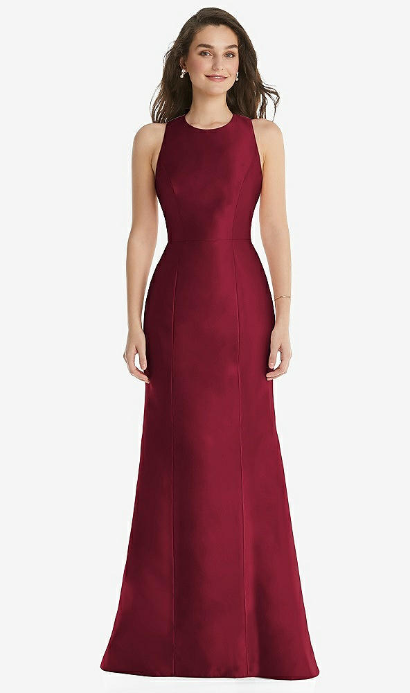 Front View - Burgundy Jewel Neck Bowed Open-Back Trumpet Dress 