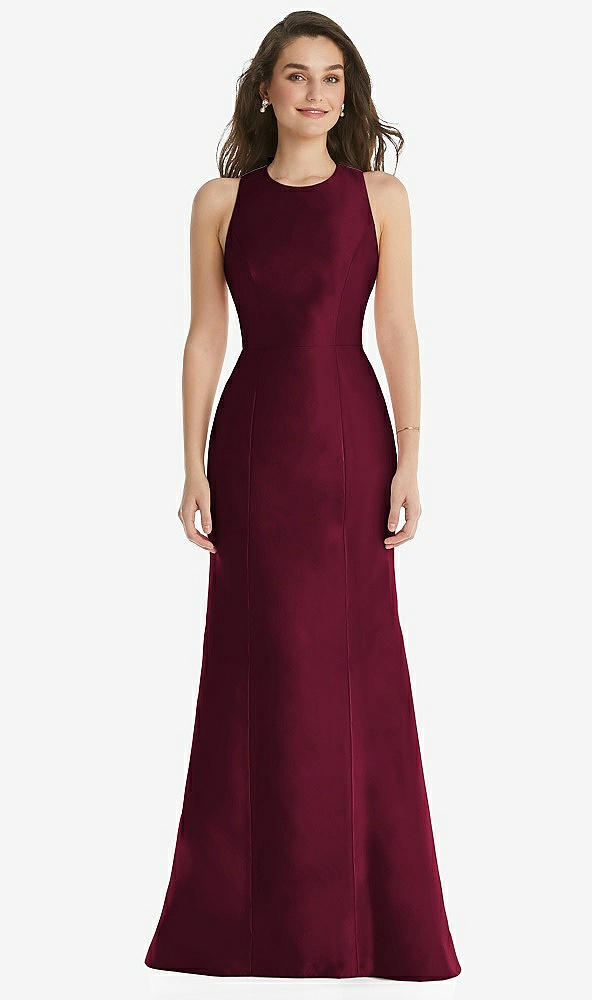 Front View - Cabernet Jewel Neck Bowed Open-Back Trumpet Dress 