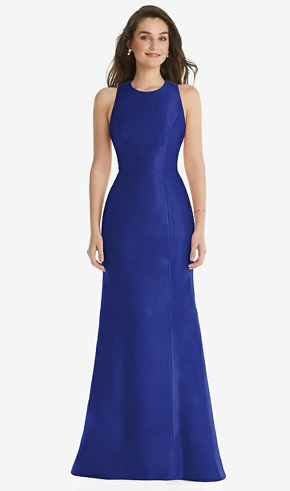 Front View - Cobalt Blue Jewel Neck Bowed Open-Back Trumpet Dress 