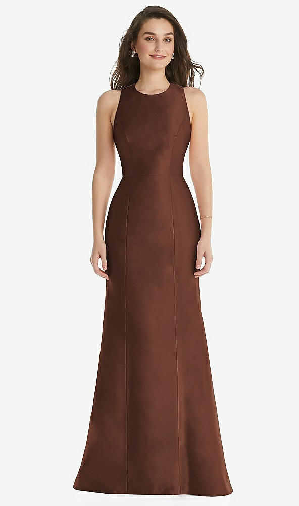 Front View - Cognac Jewel Neck Bowed Open-Back Trumpet Dress 