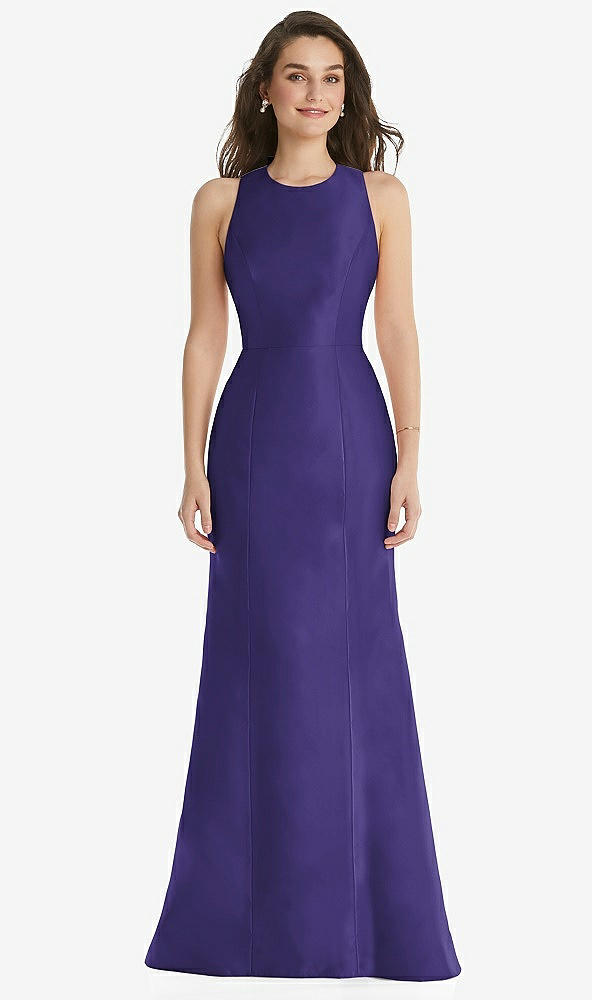 Front View - Grape Jewel Neck Bowed Open-Back Trumpet Dress 