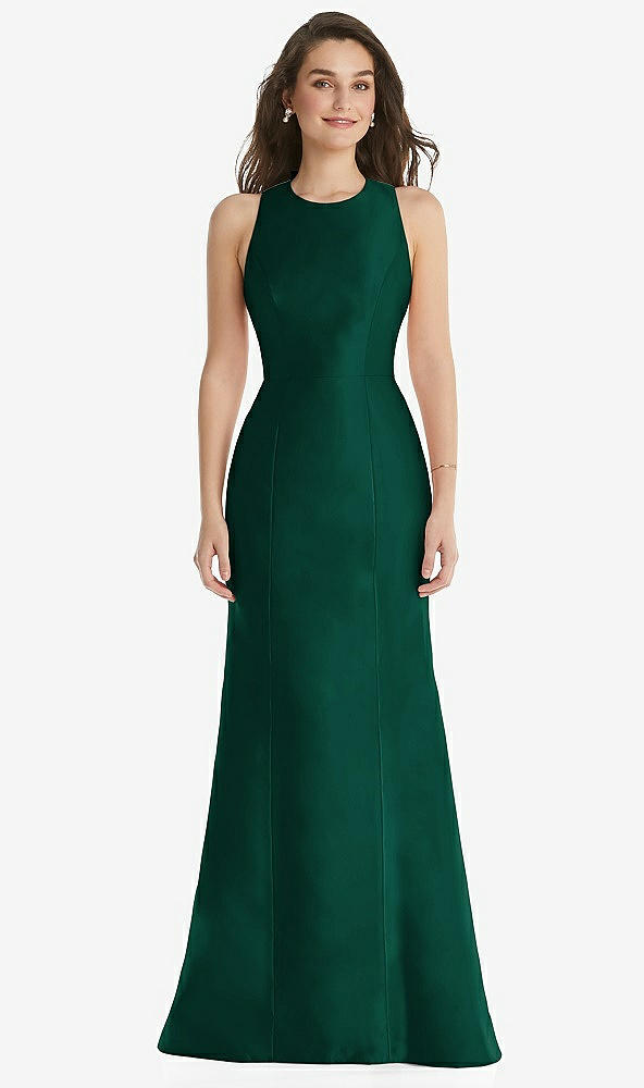 Front View - Hunter Green Jewel Neck Bowed Open-Back Trumpet Dress 