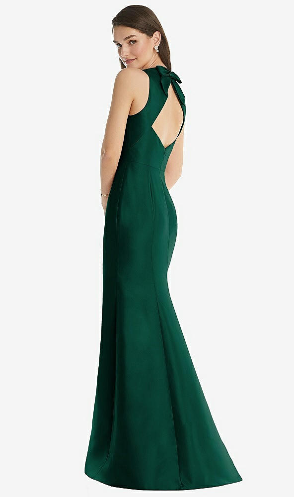 Back View - Hunter Green Jewel Neck Bowed Open-Back Trumpet Dress 