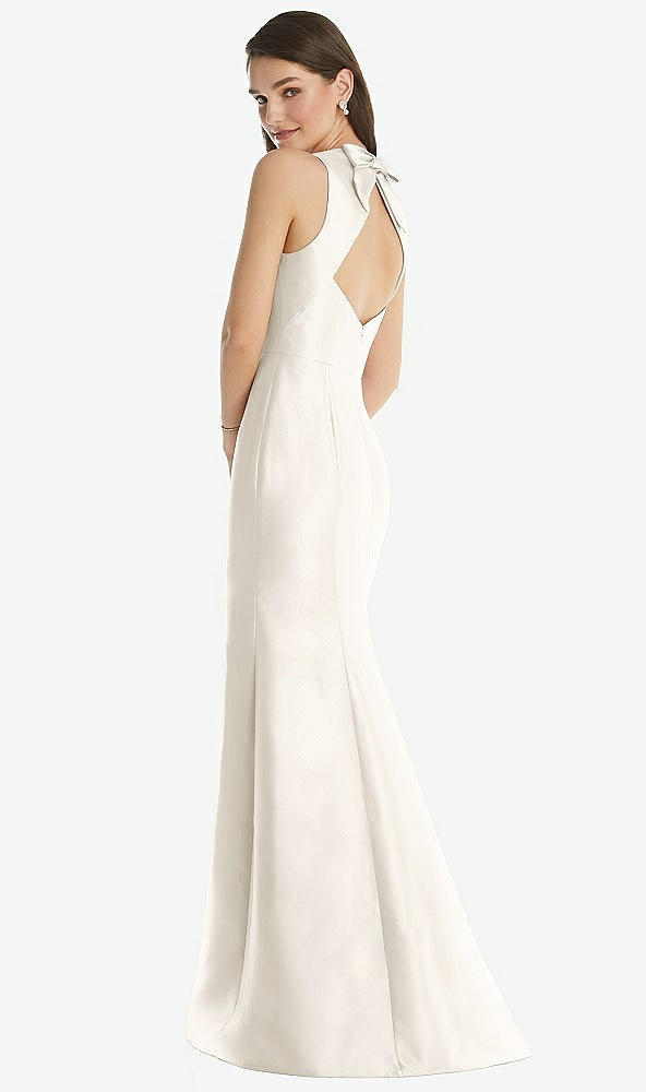 Back View - Ivory Jewel Neck Bowed Open-Back Trumpet Dress 