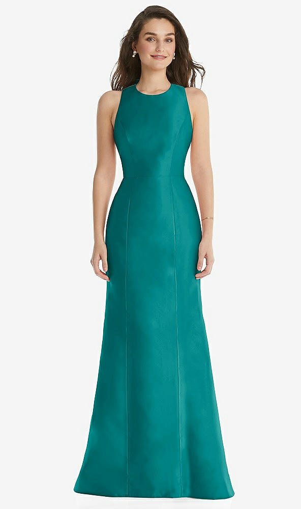 Front View - Jade Jewel Neck Bowed Open-Back Trumpet Dress 