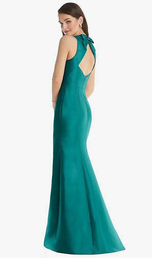 Back View - Jade Jewel Neck Bowed Open-Back Trumpet Dress 