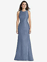 Front View Thumbnail - Larkspur Blue Jewel Neck Bowed Open-Back Trumpet Dress 