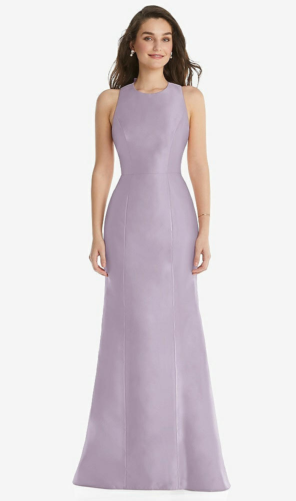 Front View - Lilac Haze Jewel Neck Bowed Open-Back Trumpet Dress 