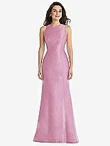 Front View Thumbnail - Powder Pink Jewel Neck Bowed Open-Back Trumpet Dress 