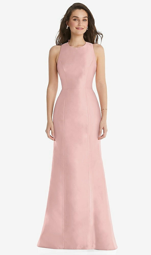 Front View - Rose Quartz Jewel Neck Bowed Open-Back Trumpet Dress 