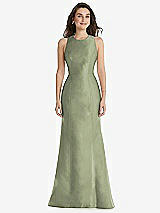 Front View Thumbnail - Sage Jewel Neck Bowed Open-Back Trumpet Dress 