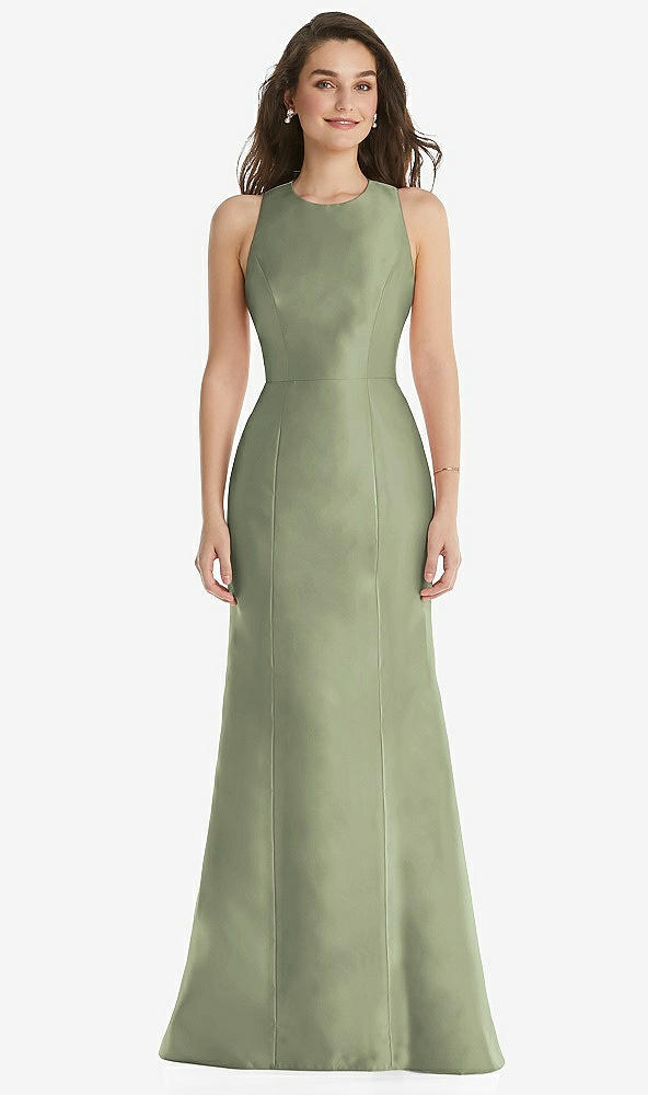 Front View - Sage Jewel Neck Bowed Open-Back Trumpet Dress 