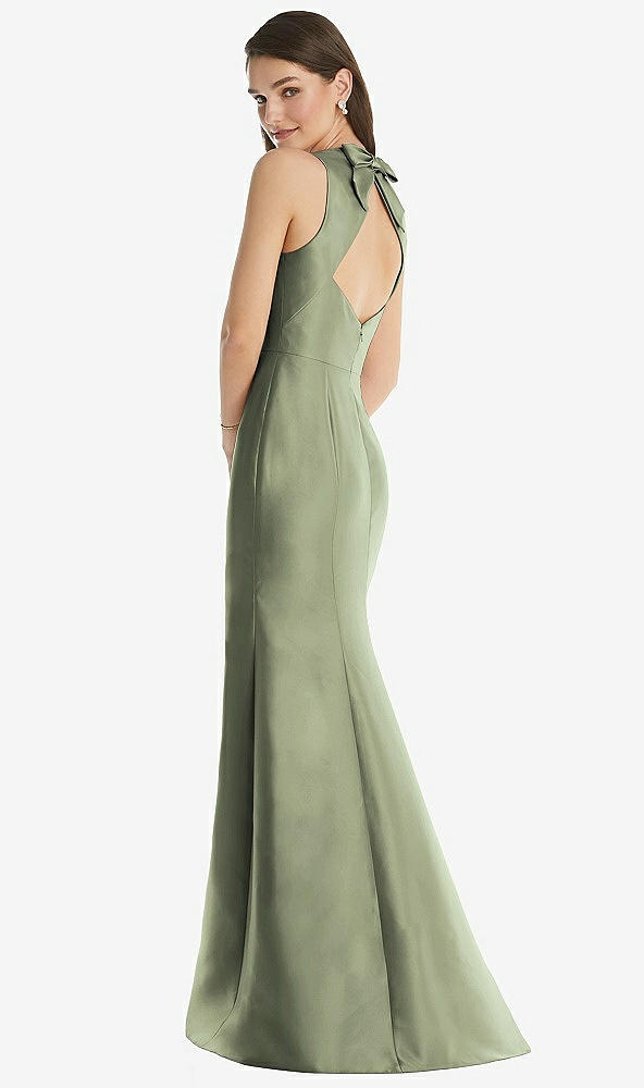 Back View - Sage Jewel Neck Bowed Open-Back Trumpet Dress 