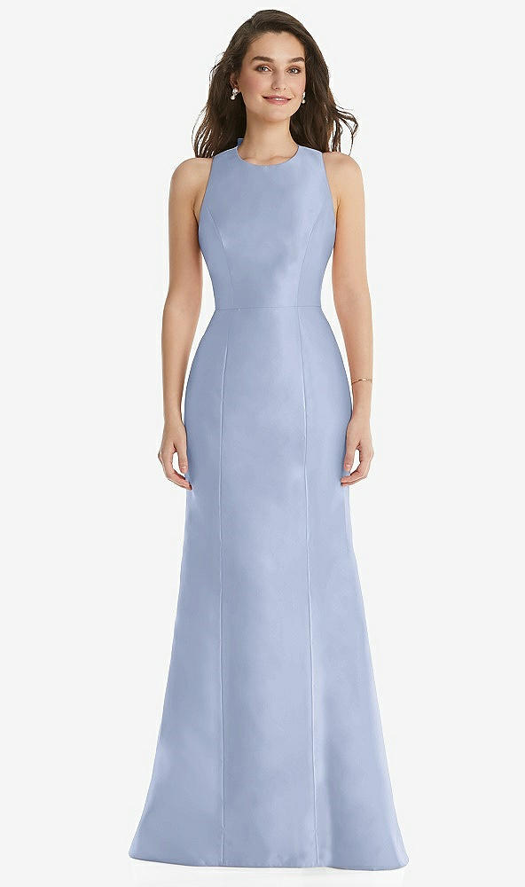 Front View - Sky Blue Jewel Neck Bowed Open-Back Trumpet Dress 