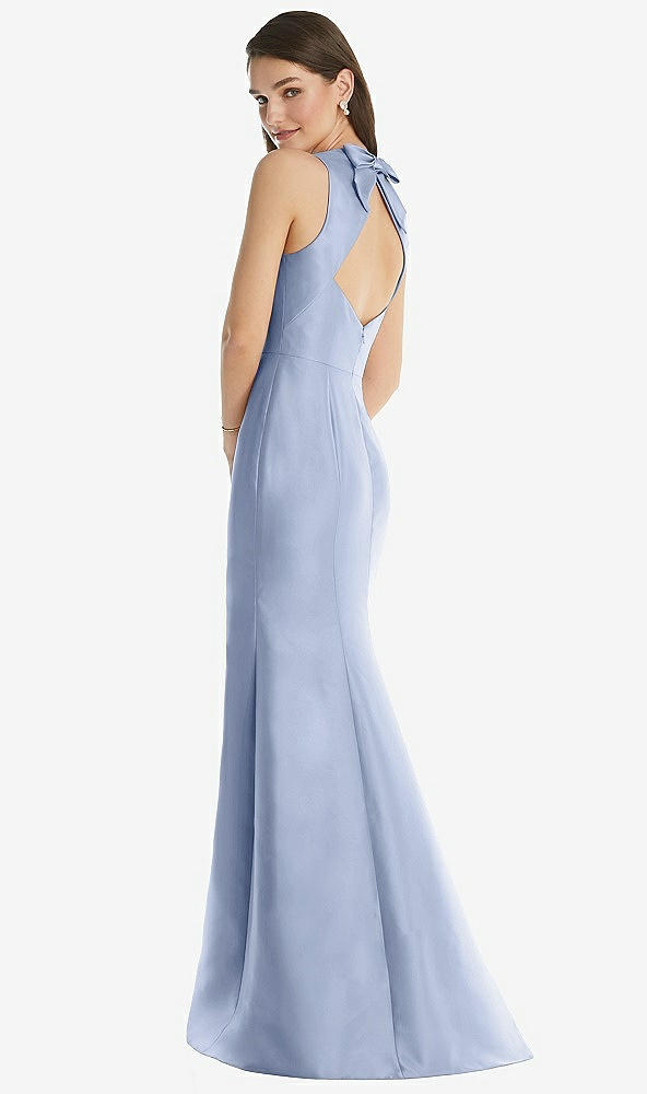 Back View - Sky Blue Jewel Neck Bowed Open-Back Trumpet Dress 