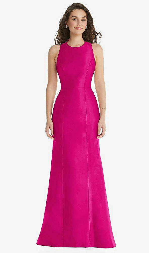 Front View - Think Pink Jewel Neck Bowed Open-Back Trumpet Dress 