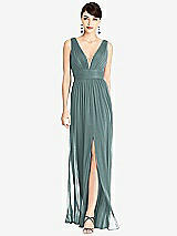 Front View Thumbnail - Smoke Blue & Light Nude Illusion Plunge Neck Shirred Maxi Dress