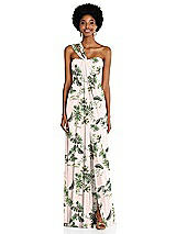 Alt View 1 Thumbnail - Palm Beach Print Draped Chiffon Grecian Column Gown with Convertible Straps