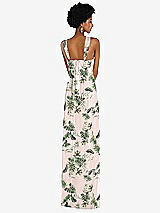 Rear View Thumbnail - Palm Beach Print Draped Chiffon Grecian Column Gown with Convertible Straps