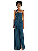 Alt View 1 Thumbnail - Atlantic Blue Draped Chiffon Grecian Column Gown with Convertible Straps