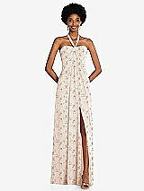 Front View Thumbnail - Coquette Floral Print Draped Chiffon Grecian Column Gown with Convertible Straps