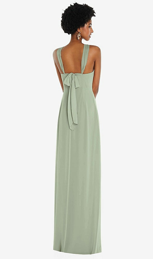 Back View - Sage Draped Chiffon Grecian Column Gown with Convertible Straps