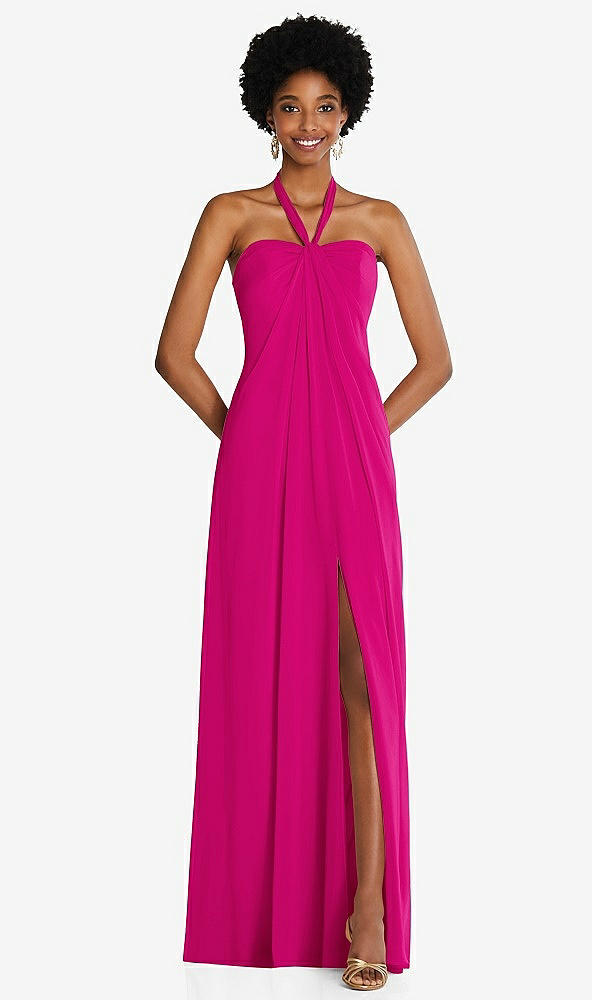 Front View - Think Pink Draped Chiffon Grecian Column Gown with Convertible Straps