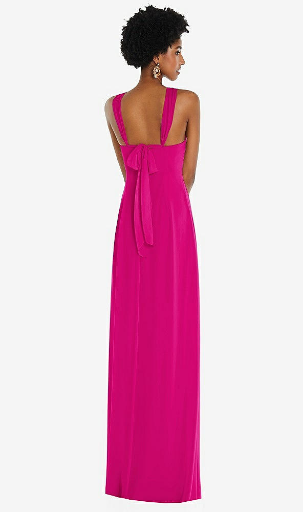 Back View - Think Pink Draped Chiffon Grecian Column Gown with Convertible Straps