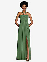 Front View Thumbnail - Vineyard Green Draped Chiffon Grecian Column Gown with Convertible Straps