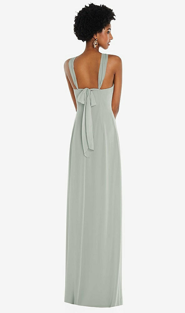 Back View - Willow Green Draped Chiffon Grecian Column Gown with Convertible Straps