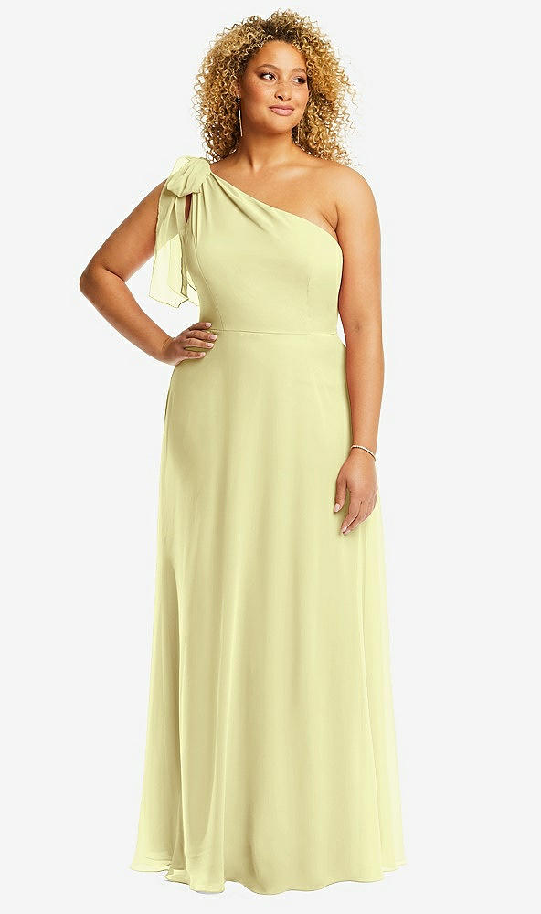 Front View - Butter Yellow Draped One-Shoulder Maxi Dress with Scarf Bow