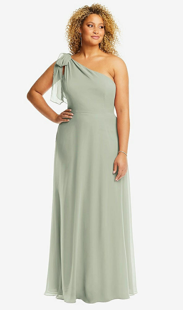 Front View - Celadon Draped One-Shoulder Maxi Dress with Scarf Bow