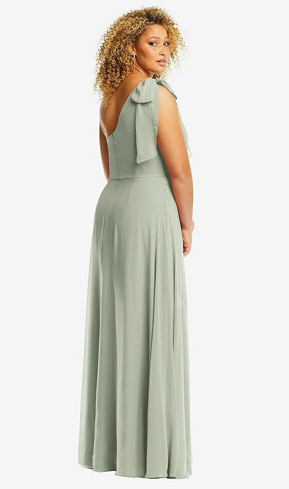 Back View - Celadon Draped One-Shoulder Maxi Dress with Scarf Bow