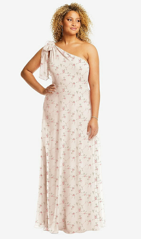 Front View - Coquette Floral Print Draped One-Shoulder Maxi Dress with Scarf Bow