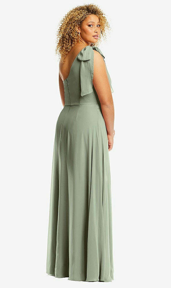 Back View - Sage Draped One-Shoulder Maxi Dress with Scarf Bow