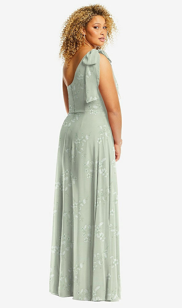 Back View - Vintage Primrose Sage Draped One-Shoulder Maxi Dress with Scarf Bow