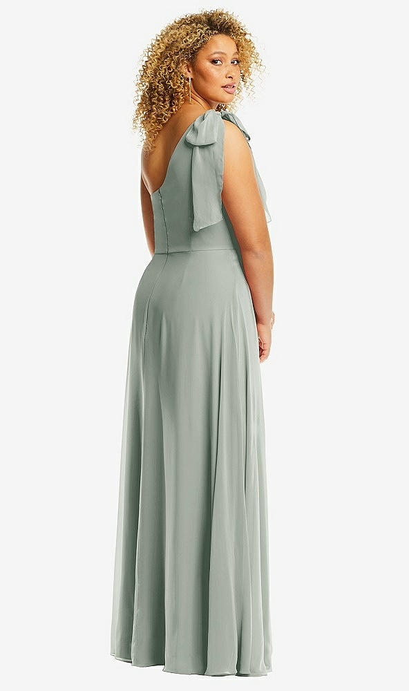 Back View - Willow Green Draped One-Shoulder Maxi Dress with Scarf Bow