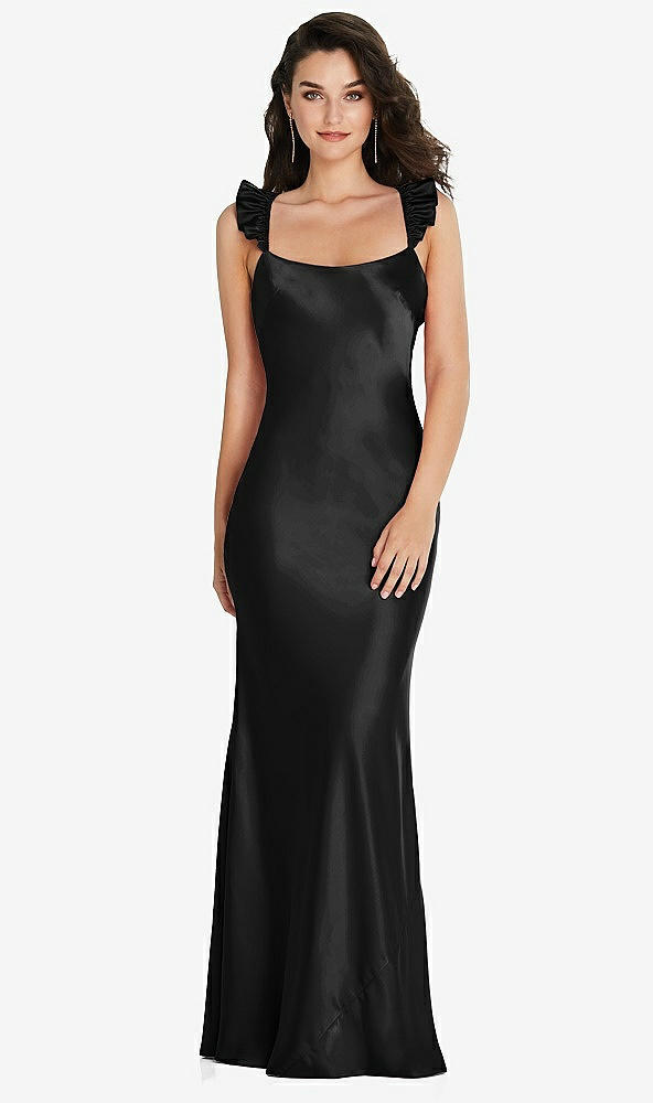 Back View - Black Ruffle Trimmed Open-Back Maxi Slip Dress