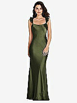 Rear View Thumbnail - Olive Green Ruffle Trimmed Open-Back Maxi Slip Dress