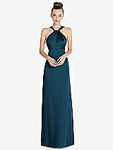 Front View Thumbnail - Atlantic Blue Draped Twist Halter Low-Back Satin Empire Dress