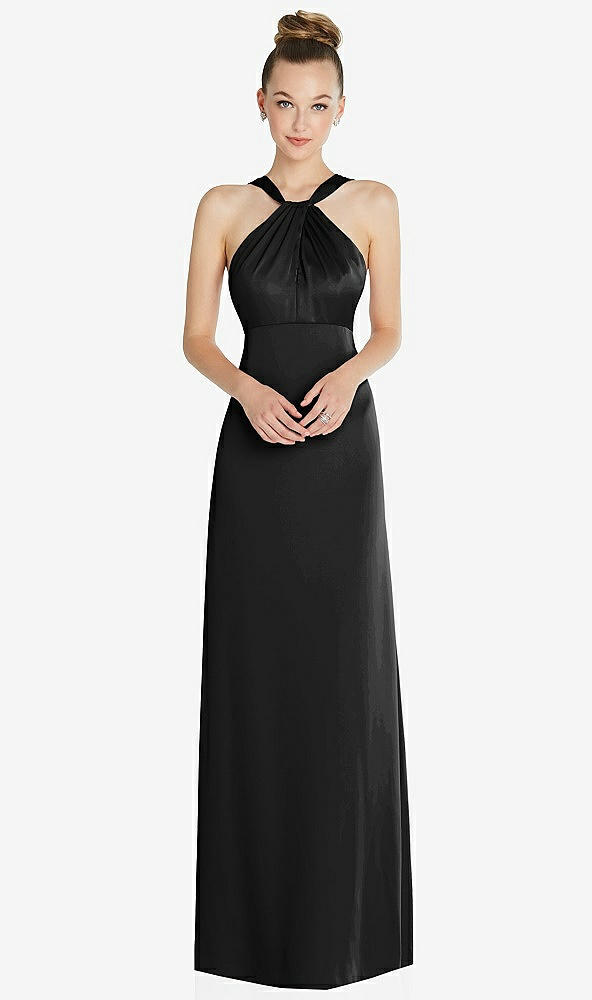 Front View - Black Draped Twist Halter Low-Back Satin Empire Dress