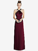 Front View Thumbnail - Cabernet Draped Twist Halter Low-Back Satin Empire Dress