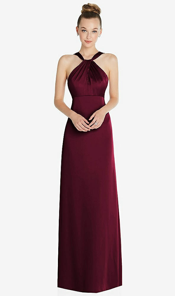 Front View - Cabernet Draped Twist Halter Low-Back Satin Empire Dress