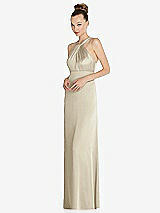 Side View Thumbnail - Champagne Draped Twist Halter Low-Back Satin Empire Dress