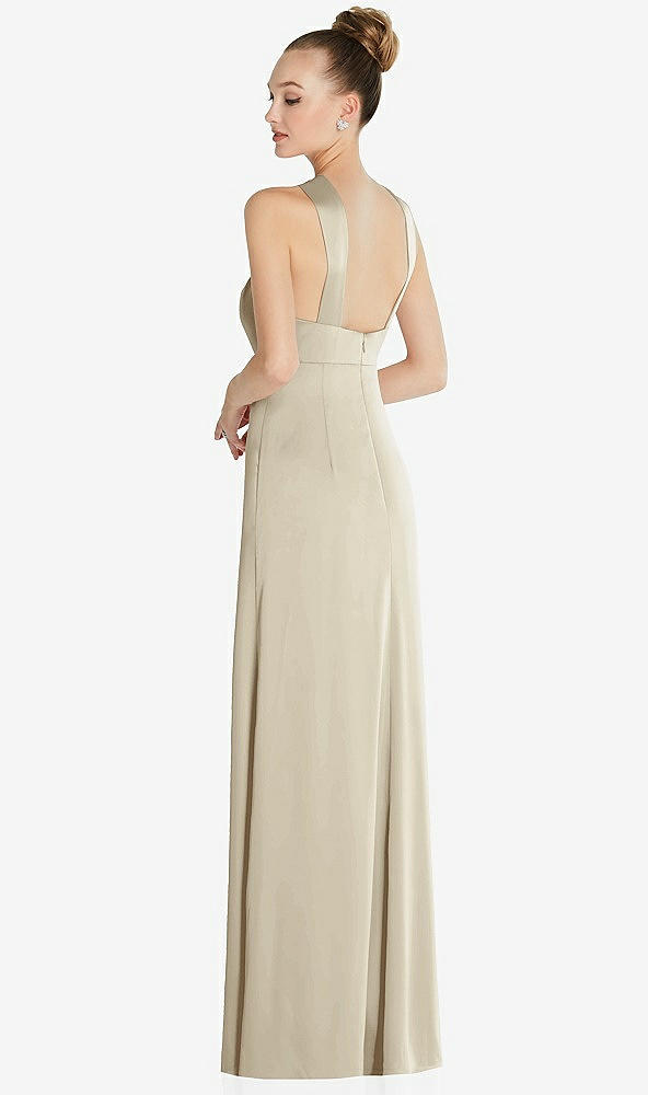 Back View - Champagne Draped Twist Halter Low-Back Satin Empire Dress