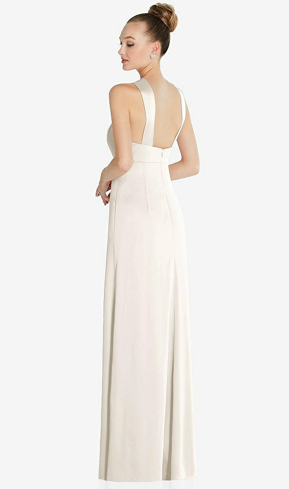 Back View - Ivory Draped Twist Halter Low-Back Satin Empire Dress