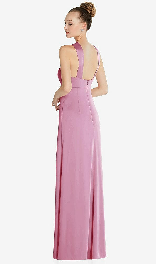 Back View - Powder Pink Draped Twist Halter Low-Back Satin Empire Dress