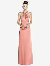 Front View Thumbnail - Rose - PANTONE Rose Quartz Draped Twist Halter Low-Back Satin Empire Dress