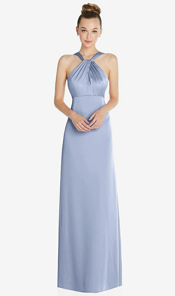 Front View - Sky Blue Draped Twist Halter Low-Back Satin Empire Dress